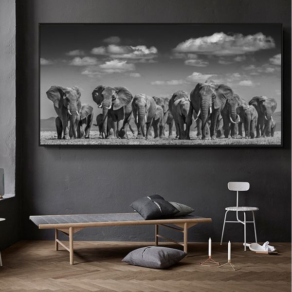 

modern animals posters prints wall art canvas painting black and white african elephant herd pictures for living room cuadros
