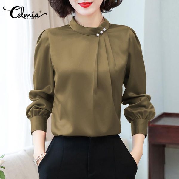 

women's blouses & shirts 5xl celmia women satin blouse elegant stand collar long sleeve office shirt 2021 autumn casual silk plus size, White