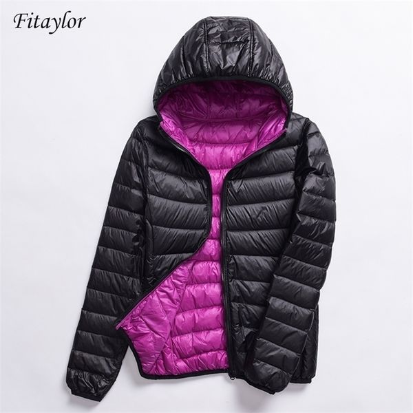 

fitaylor new women ultra light down jackets casual double side reversible coats plus size 4xl female outwear with bag 201102, Black
