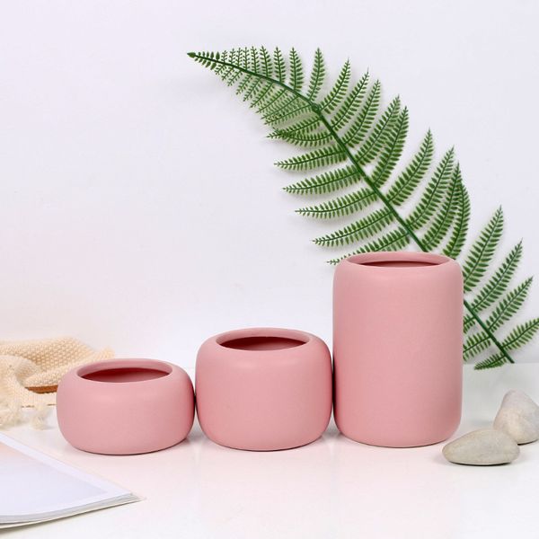 3pcs moderne Zylinder Keramik -Pflanzer matte Porzellanblütenblüten Vasen Pflanzen Behälter mit Drainage Hole Gartendekor y200723
