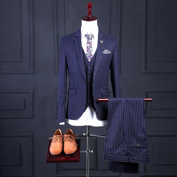 

2020 latest coat pant designs navy blue stripes men suit slim fit 3 piece suits pattern tuxedo custom suits groom blazer ternos, White;black