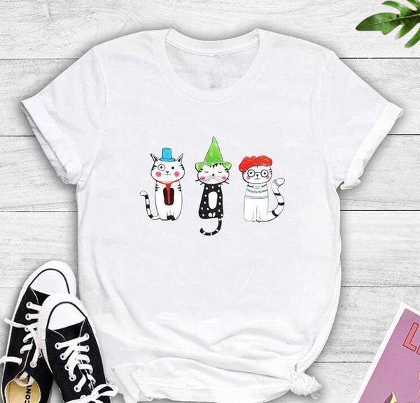 

short sleeve shirt 2020 new fashion summer o-neck casual harajuku women's t-shirts cartoon cat kawaii print women tees, White
