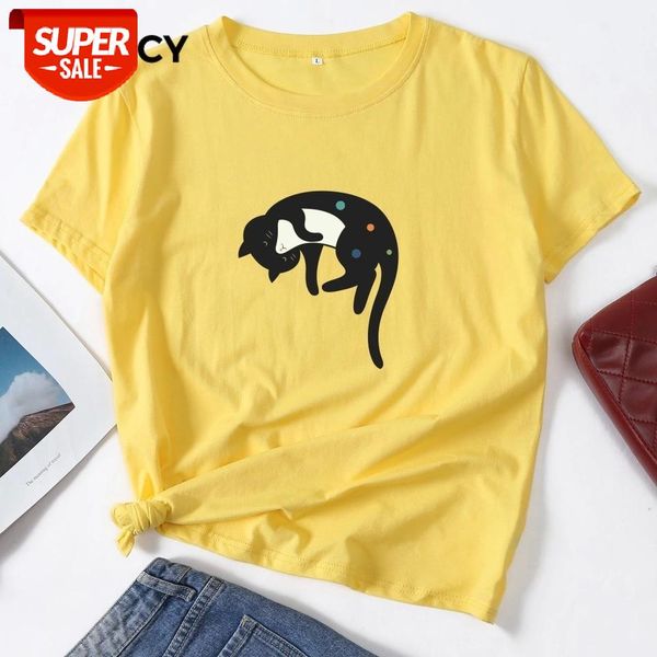 

jfuncy plus size summer women cotton t shirts funny lazy cat cartoon printed vogue tshirt female t-shirt woman tee 2020 #p28r, White