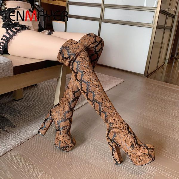 

boots enmayer 2021 pu knee high animal prints stretch fabric comfortable platform slip-onwomen shoes size 34-431, Black
