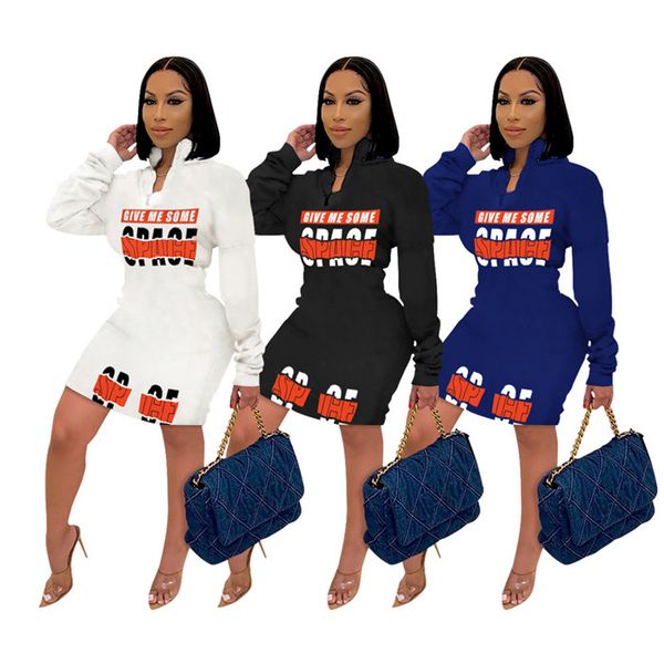 

womens sweatshirts dresses letter pattern long sleeve zipper pullover casual dress autumn winter women bodycon clothing, Black;gray