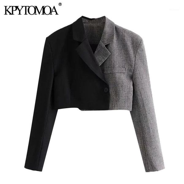 

kpytomoa women 2021 fashion patchwork cropped blazer coat vintage notched collar long sleeve female outerwear chic 1, White;black