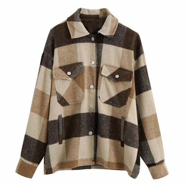 

winter ladies plaid wool long sleeve plaid oversized wool sweater lapel thickening ladies retro chic blusa 2021 new, Black;brown
