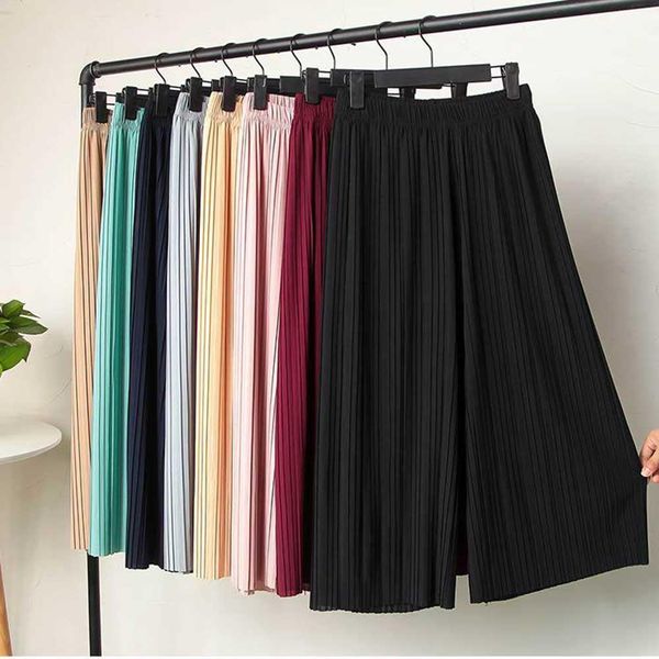 

women's high waist ruffled chiffon pants pleated tall waist show thin nine points wide-legged pants elastic waist casual skirts, Black;white