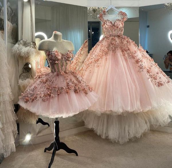 

party dresses spaghetti strap crystals beaded lush fluffy tulle ball gown knee-length evening dress baby pink prom 3d floral pattern, White;black