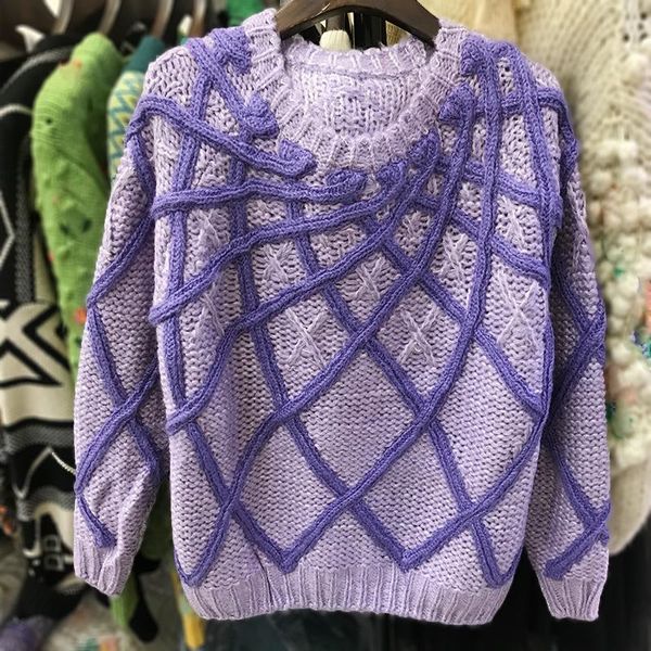 

runway pullover rhombus 3d embroidery women pullovers spring winter clothing wool particle stripes color matching purple sweater, White;black