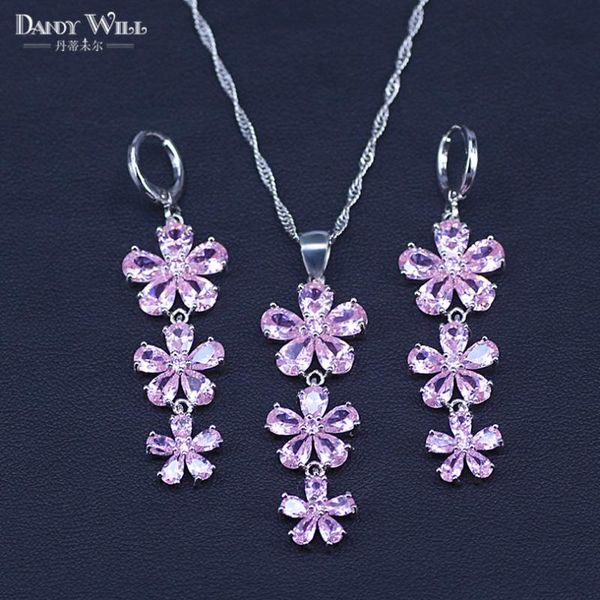 

pink stones white zircon women silver color jewelry sets earrings/pendant/necklace for bridal set box