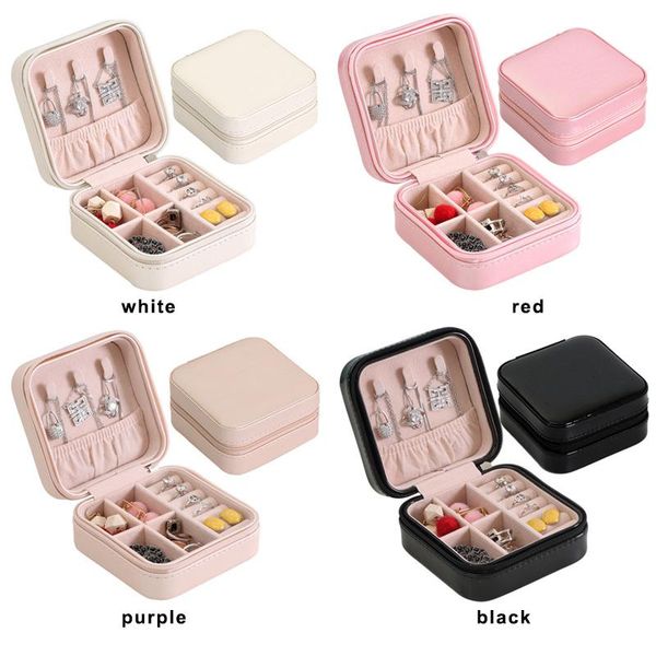 

2020 portable jewelry box storage organizer zipper portable women jewelry displaytravel case organizer joyero ring box, Pink;blue
