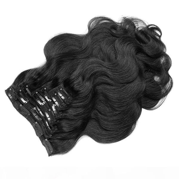 

9a grade virgin hair clip in human hair extensions brazilian peruvian malaysian indian body wave remy hair 7pieces set 120g natural color 1b, Black;brown