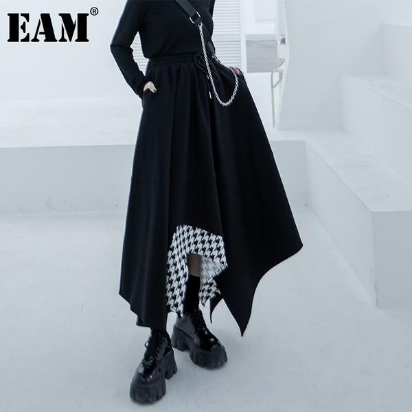

skirts [eam] high elastic waist black plaid irregular spliced half-body skirt women fashion tide spring autumn 2021 1dd1676