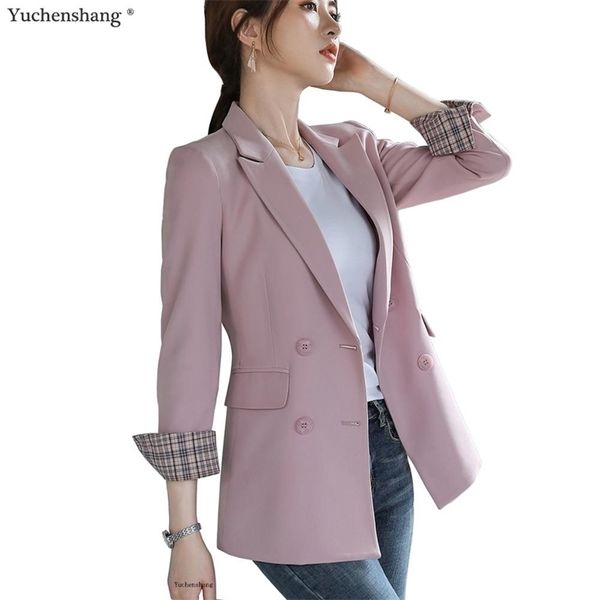 

women bouble breasted solid blazer female coat blazers outerwear jackets pink apricot green black lj201214, White;black