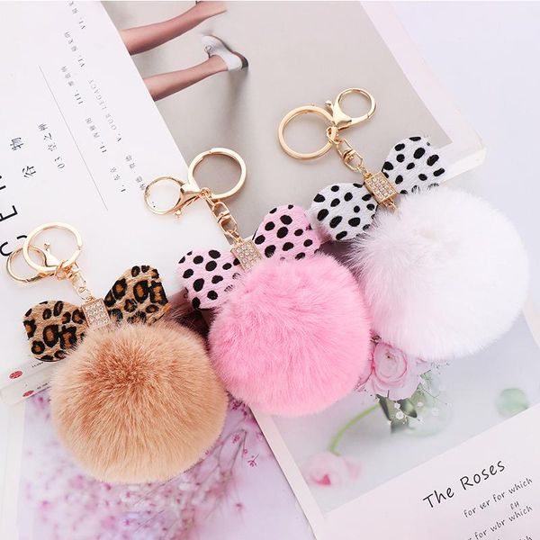 

pompom keychain faux rabbit keyrings leopard crystal key holder fluffy fur ball keychains women bag car charm pendant, Slivery;golden