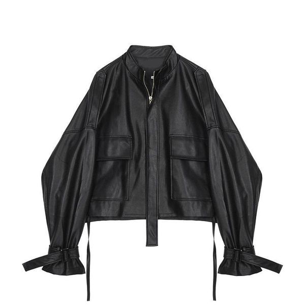 

ewq] 2020 autumn new drawstring strap long sleeve large size fashion women casual up leather coat loose black jacket qj87101, Black;brown