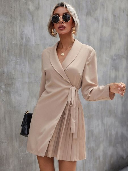 

solid pleated tie side blazer dress 85h5#, White;black