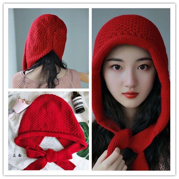 

1pc autumn and winter hat female knitted hat lace belt japanese and korean version of the yellow red moisture cold, Blue;gray