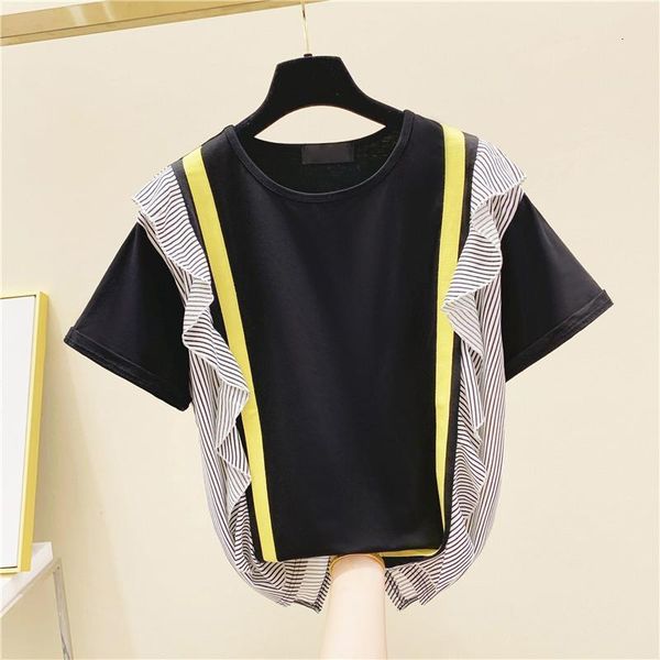 

striped stitching t shirts women wild cotton fashion casual ruffles short-sleeved female new 2020 summer korean-style, White