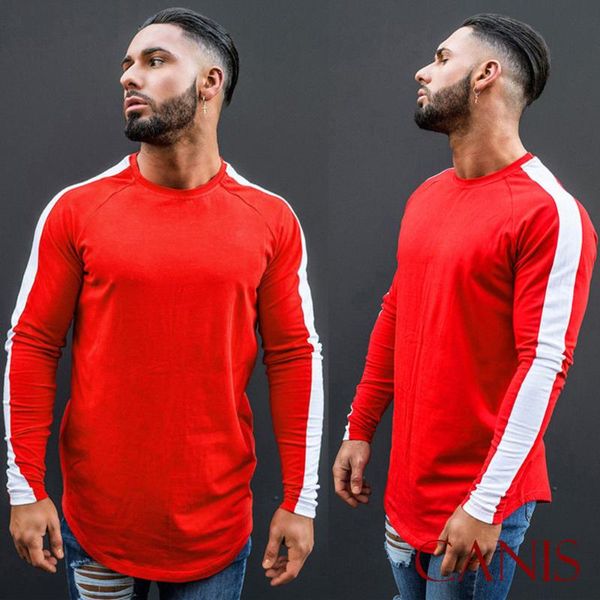 

new men casual t-shirt joggers men's long sleeve crew neck t-shirts casual fitness striped hip hop, White;black