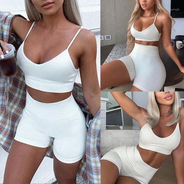 

yoga outfits women solid color spaghetti strap tank camisole crop shorts pants sports set wear athletic short sets 1, White;red