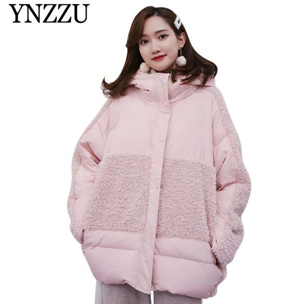 

ynzzu lambswool patchwork women hooded down coat 2020 winter warm loose oversize down jacket long sleeve girl chic outwear yo923, Black