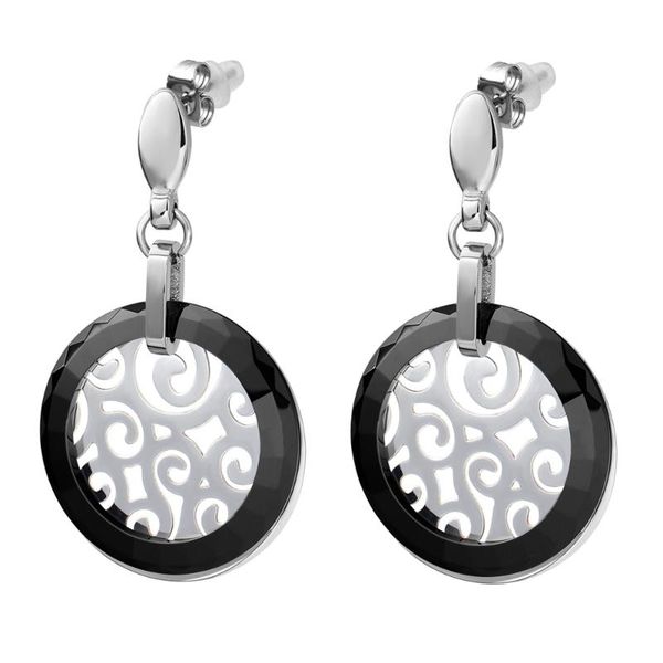 

new arrival stainless steel jewelry earring for women with classic simple design black ceramic dangle earring, Silver