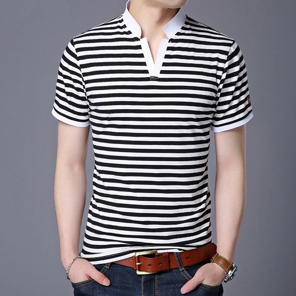 

2021 new new summer striped men polo shirts cleavage v short fashion casual wear for fine male cotton yqg3 0g4k, White;black