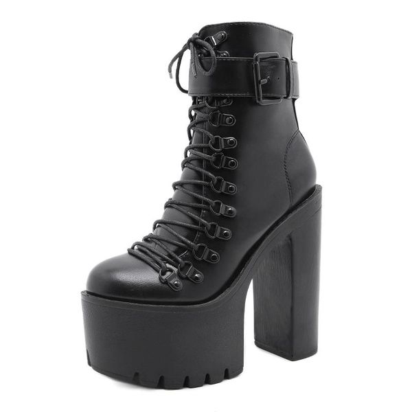 

boots mrcave fashion motorcycle women leather spring autumn metal buckle high heels shoes zipper black ankle woman lacing