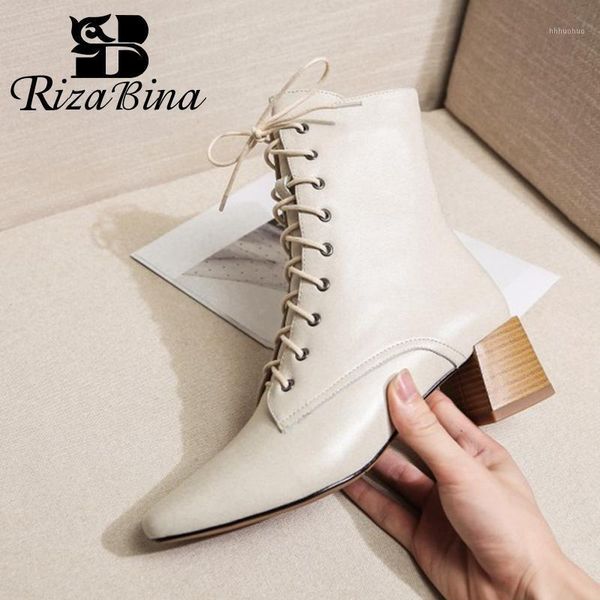 

boots rizabina women short real leather thick heel zipper woman shoes winter fashion office ladies footwear size 34-391, Black