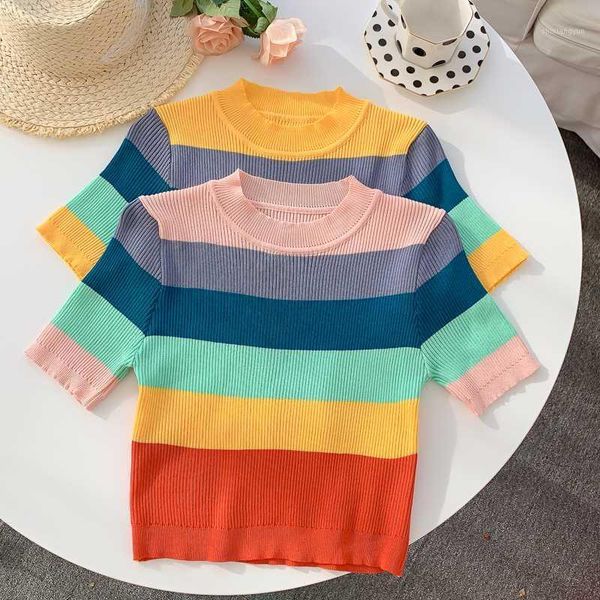

summer striped round collar cropped t-shirts women short sleeve vintage slim chic knit crop for girls1, White