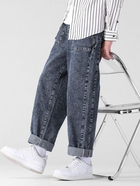 

men drawstring waist straight leg jeans f3a6#, Blue