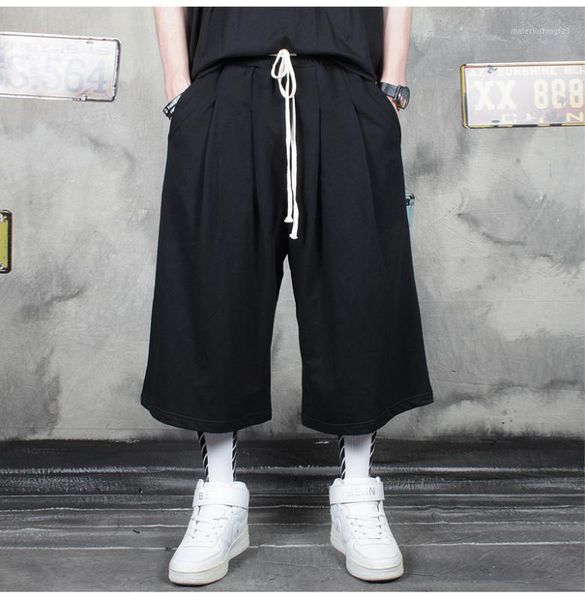 

men's pants summer national tide high street lazy wind oversize cropped trousers men's loose casual fall wide leg plus size shorts, Black