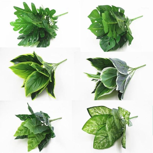 

9 fork artificial plant flower with leaf plastic green grass tree plant fake leaf foliage bush for home wedding party decor1