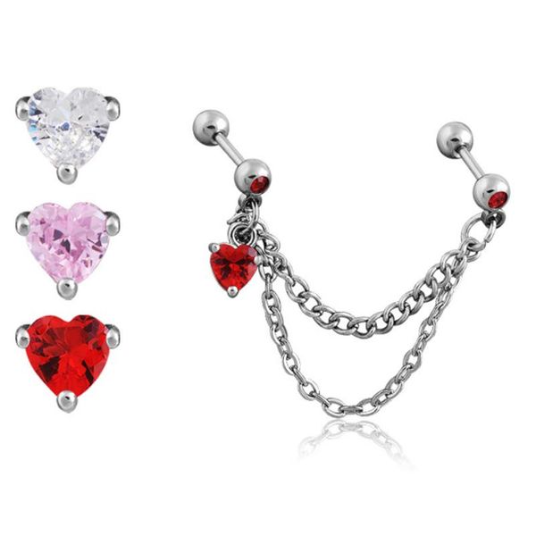

stud 1pcs stainless steel double ear chain for women heart white crystal earrings piercings fashion jewelry gifts, Golden;silver