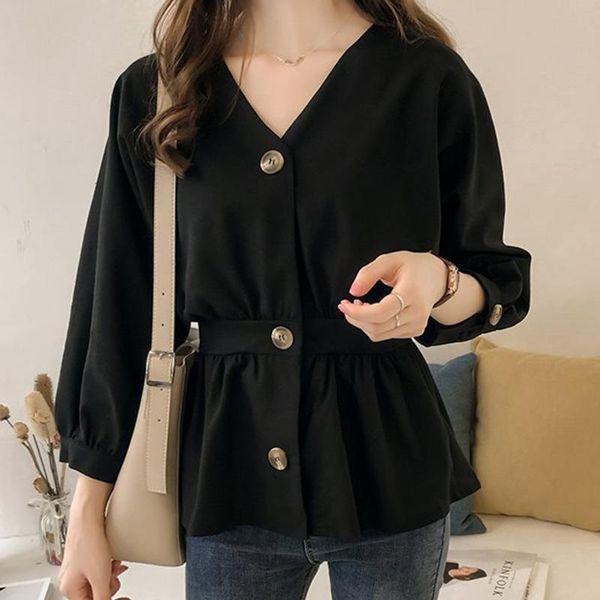 

spring autumn women casual v neck women waist slim long sleeve shirt batwing button up female ruffles solid blouse, White