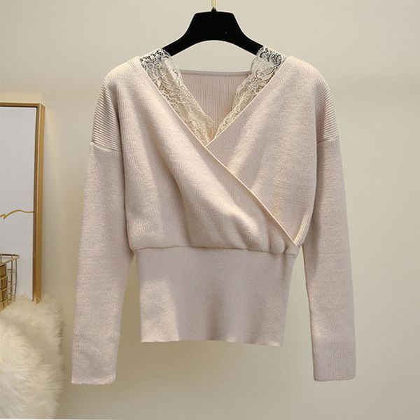 

new 2020 fashion sweet fake two pieces women's colthing autumn winter cross v-neck lace long sleeve base sweater ol black c1121, White;black