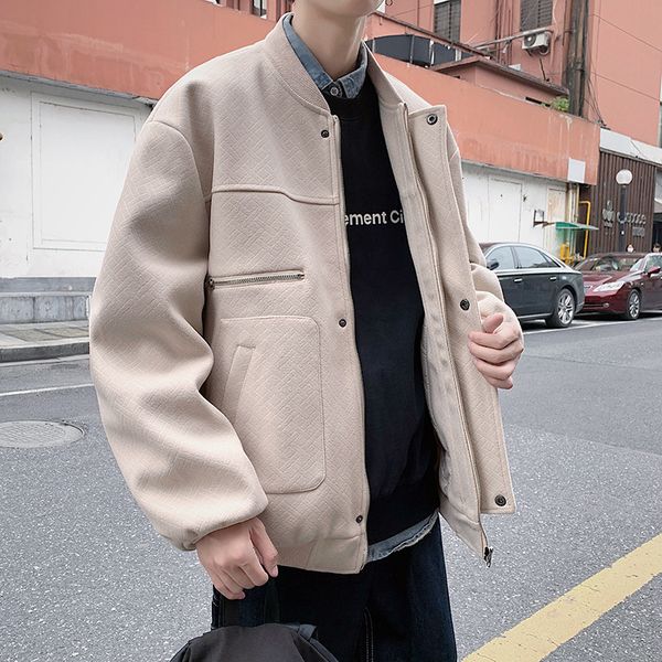 

autumn winter college style baseball jacket men's and young people's thickened woollen windbreaker handsome loose tweed coat, Black;brown