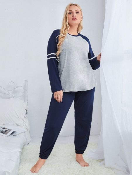 

plus contrast tape color block raglan sleeve pj set l1ww#, Black;white