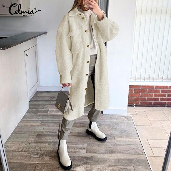 

celmia winter warm wools fleece coats women long sleeve faux coat casual loose button woolen fluffy outerwear long overcoats1, Black