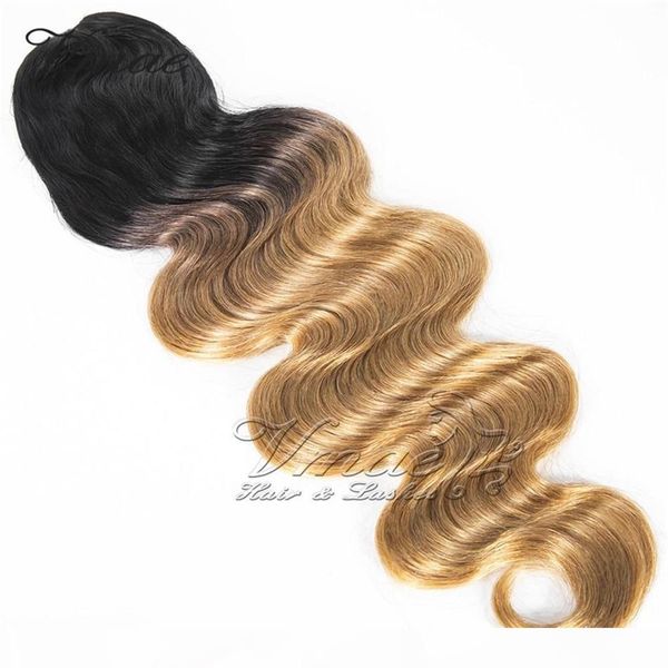 

brazilian 1b 27 two tone strawberry blonde ombre color 120g long body wave clip drawstring human hair weave ponytails extensions, Black