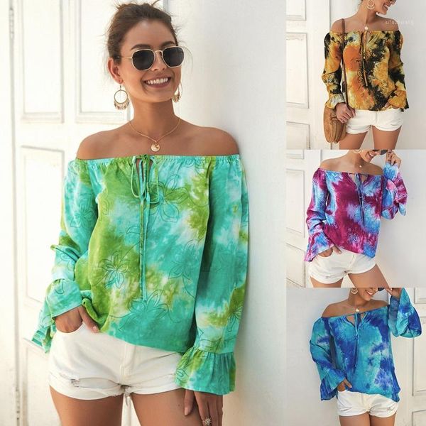 

women long sleeve tie dye gradient off shoulder blouse tie dye long sleeve ruffle, White