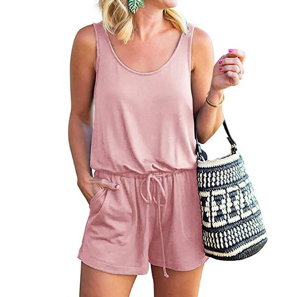 

bhflutter 2020 summer romper jumpsuit women new fashion solid pink bodysuit sleeveless pocket casual playsuits combishort t200704, Black;white