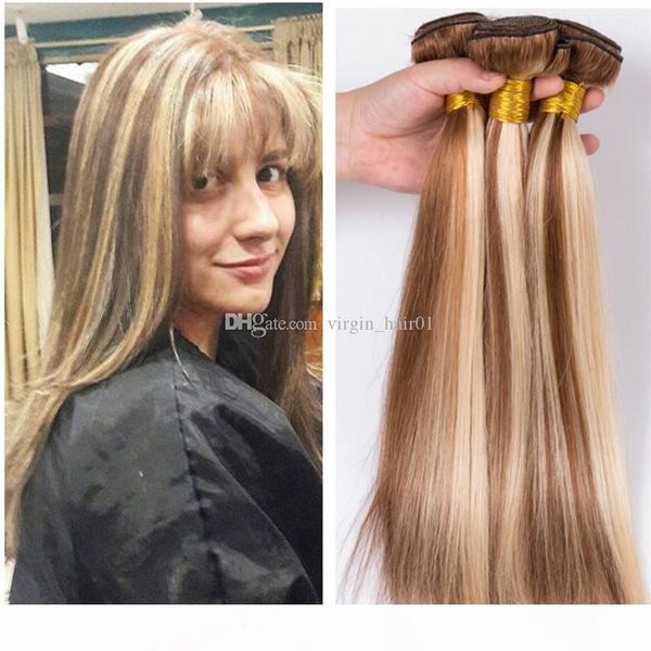 

mixed color 27 613 human hair weaves 3 bundles weft strawberry blonde and blench blonde virgin human hair extension two tone straight hair, Black;brown
