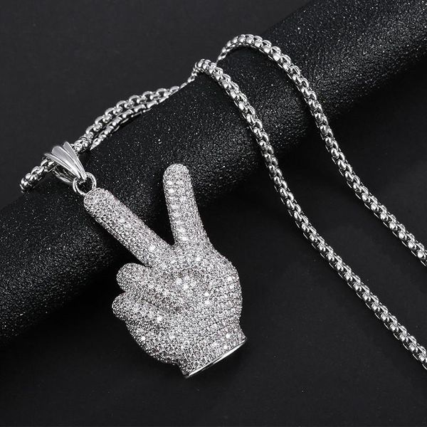 

pendant necklaces iced out victory sign necklace for men gold chain zircon hip hop jewelry, Silver