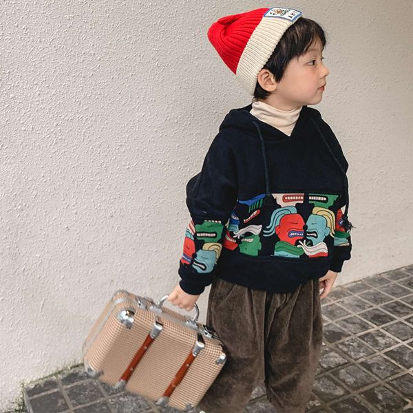 

winter cartoon print new 2020 children's hooded sweater men's and women's color matching pullover ffsu, Black