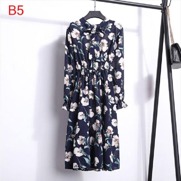 

vintage spring summer party dress women fashion chiffon midi tunic floral dot slim long sleeve office high elastic waist dress, Black;gray