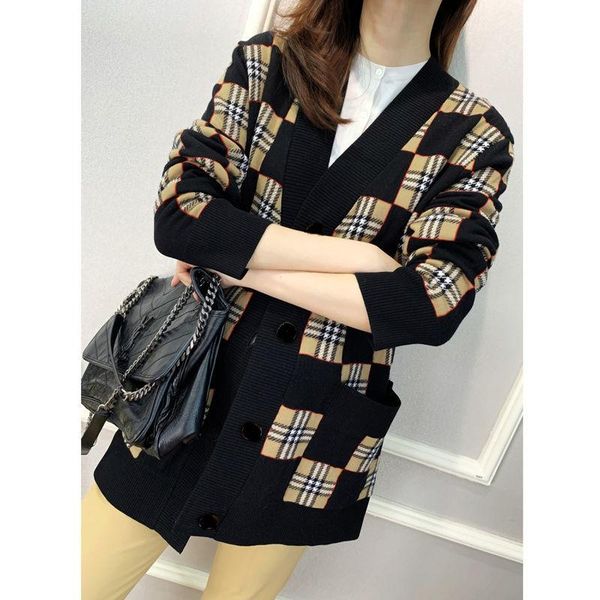 

knitted cardigan loose 2020 new style classic plaid sweater v-neck outdoor, White