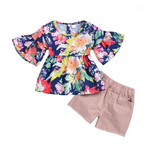

clothing sets kids girls fashion 2-piece outfit set flare sleeve floral +shorts for children baby girls1, White